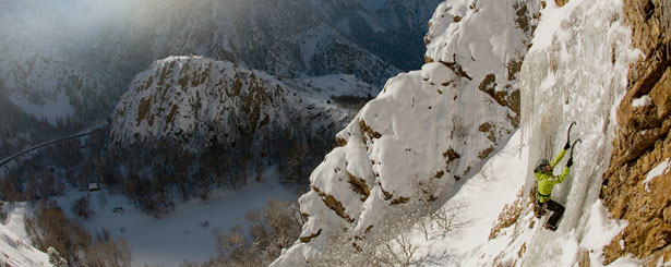 Caroline ice climbing in Big Cottonwood Canyon, Storm Mountain Falls, UT